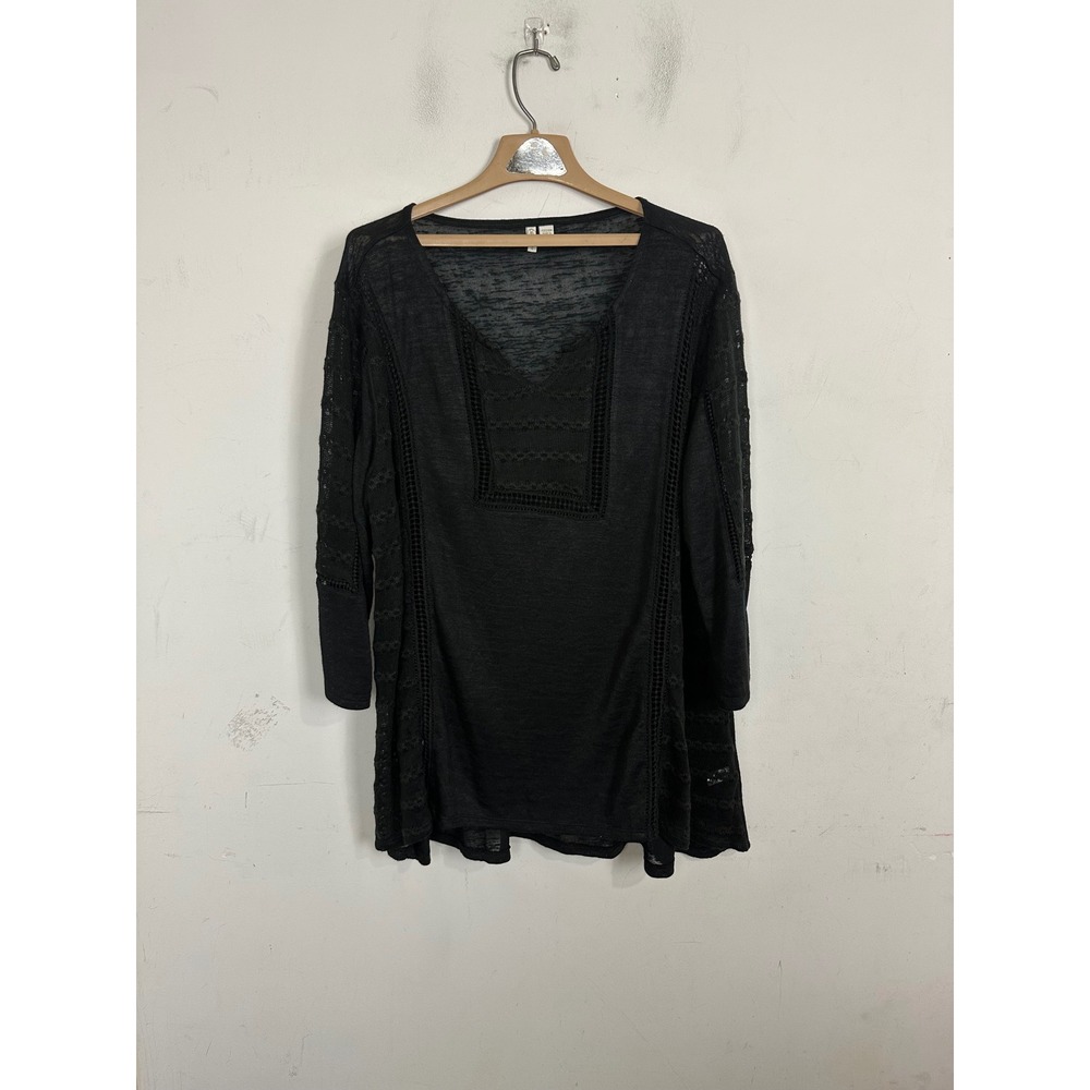 Cato Black Crochet Lace Knit Tunic Top Plus Size 22/24W Boho V-Neck 3/4 Sleeve